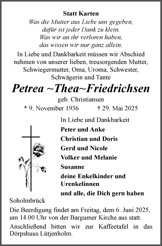 Traueranzeige von Petrea Thea Friedrichsen von Husumer Nachrichten, Nordfriesland Tageblatt