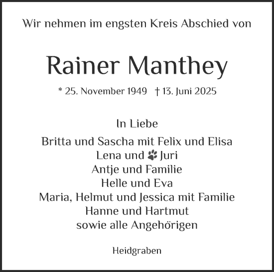 Traueranzeige von Rainer Manthey von Elmshorner Nachrichten, Barmstedter Zeitung