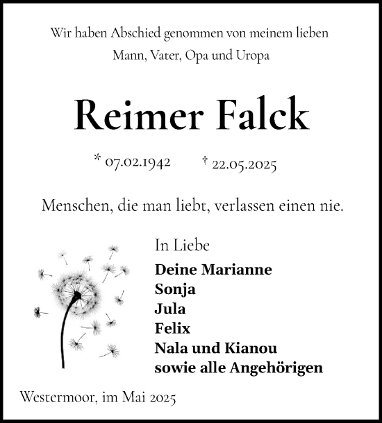Traueranzeige von Reimer Falck von Norddeutsche Rundschau, Wilstersche Zeitung, Glückstädter Fortuna