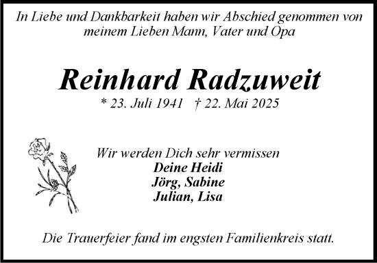 Traueranzeige von Reinhard Radzuweit von Holsteinischer Courier