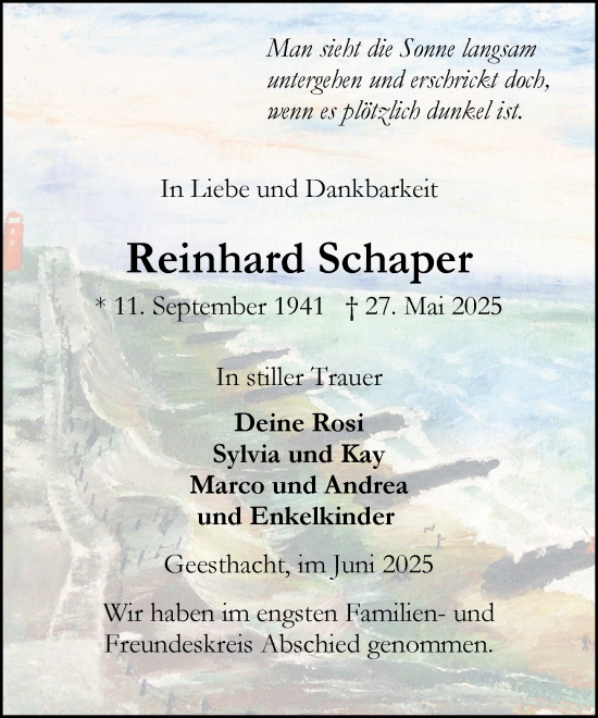 Traueranzeige von Reinhard Schaper von Wochenend Anzeiger