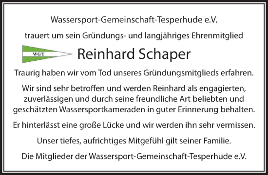 Traueranzeige von Reinhard Schaper von Wochenend Anzeiger
