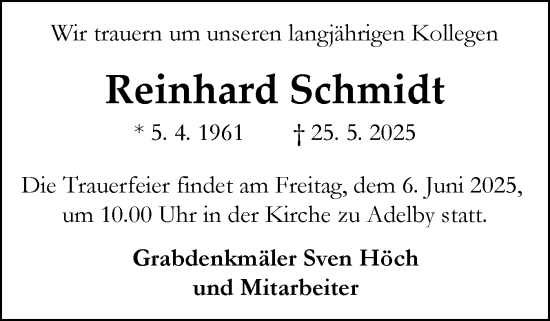 Traueranzeige von Reinhard Schmidt von Flensburger Tageblatt