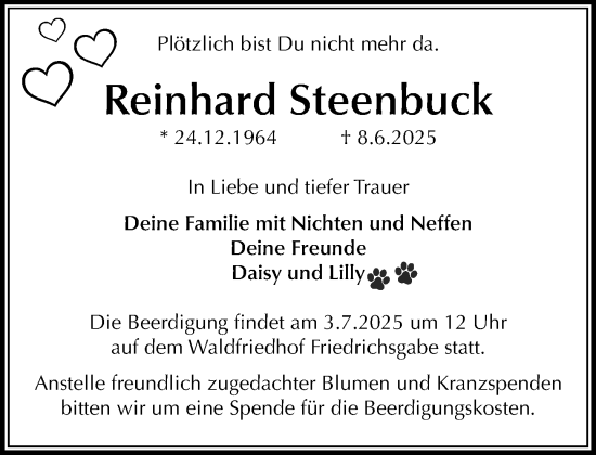 Traueranzeige von Reinhard Steenbuck von Heimatspiegel