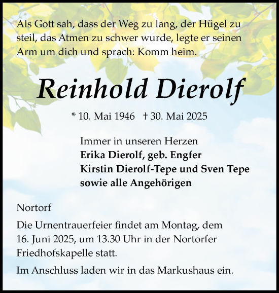 Traueranzeige von Reinhold Dierolf von Schleswig-Holsteinische Landeszeitung