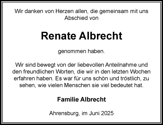 Traueranzeige von Renate Albrecht von MARKT Ahrensburg/Bargteheide/Trittau und Stormarner Tageblatt