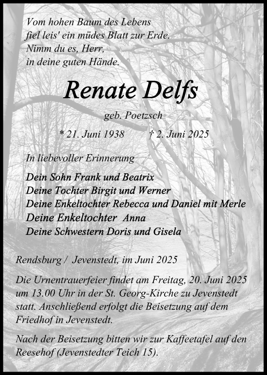 Traueranzeige von Renate Delfs von Schleswig-Holsteinische Landeszeitung