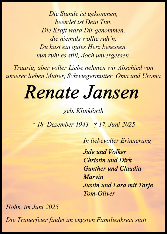 Traueranzeige von Renate Jansen von Schleswig-Holsteinische Landeszeitung