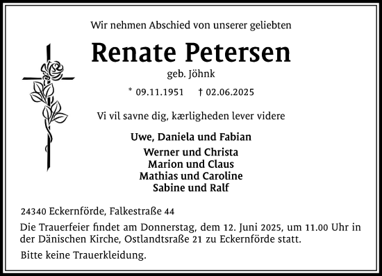 Traueranzeige von Renate Petersen von Eckernförder Zeitung