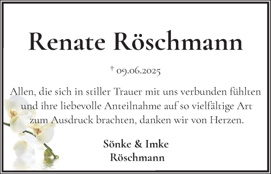 Traueranzeige von Renate Röschmann von Norddeutsche Rundschau, Wilstersche Zeitung, Glückstädter Fortuna