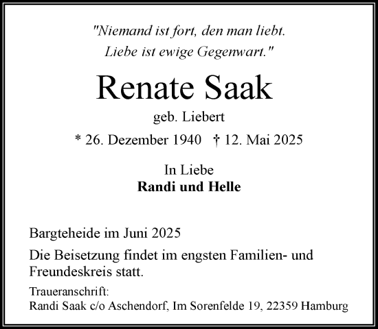 Traueranzeige von Renate Saak von MARKT Ahrensburg/Bargteheide/Trittau und Stormarner Tageblatt