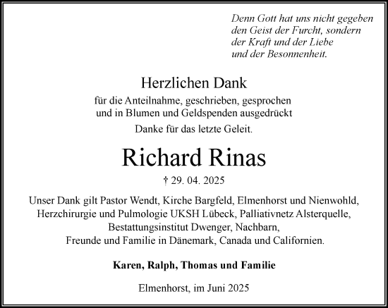 Traueranzeige von Richard Rinas von MARKT Ahrensburg/Bargteheide/Trittau und Stormarner Tageblatt