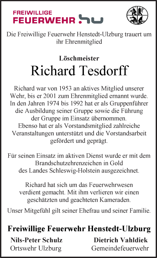 Traueranzeige von Richard Tesdorff von Umschau