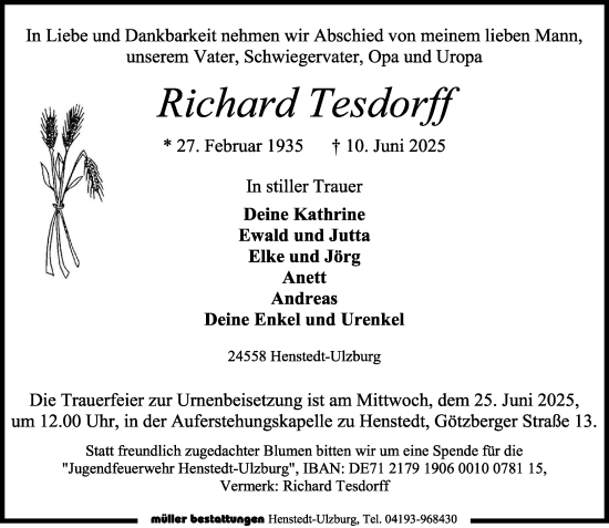 Traueranzeige von Richard Tesdorff von Umschau