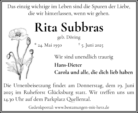 Traueranzeige von Rita Subbras von Flensburger Tageblatt