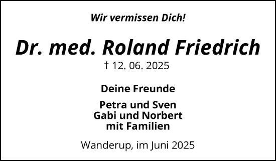 Traueranzeige von Roland Friedrich von Flensburger Tageblatt