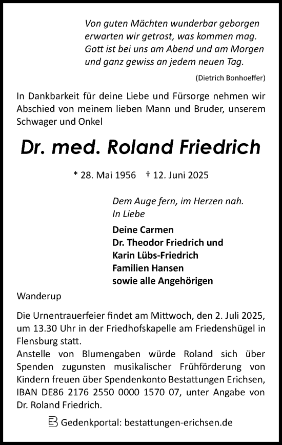 Traueranzeige von Roland Friedrich von Flensburger Tageblatt
