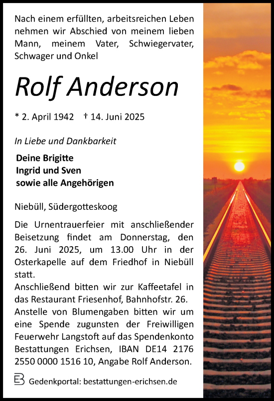Traueranzeige von Rolf Anderson von Husumer Nachrichten, Nordfriesland Tageblatt