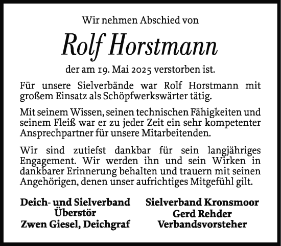 Traueranzeige von Rolf Horstmann von Norddeutsche Rundschau, Wilstersche Zeitung, Glückstädter Fortuna