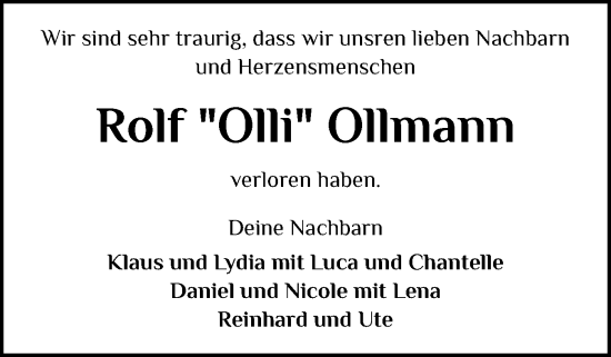 Traueranzeige von Rolf Ollmann von Holsteinischer Courier