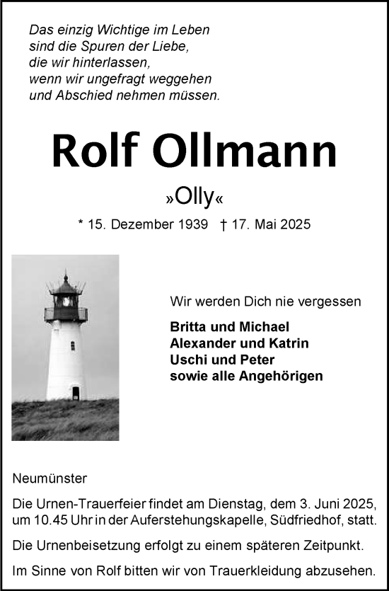 Traueranzeige von Rolf Ollmann von Holsteinischer Courier