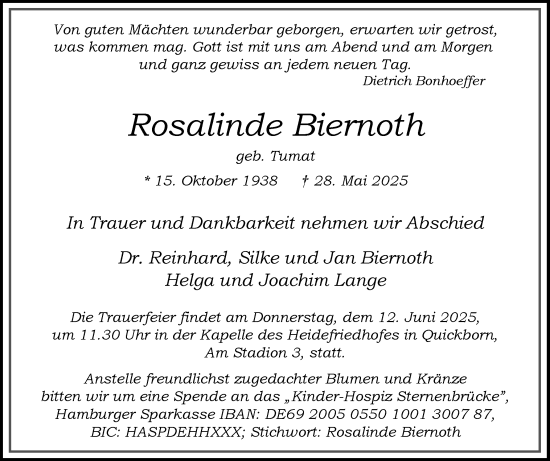 Traueranzeige von Rosalinde Biernoth von Region Pinneberg und tip Pinneberg
