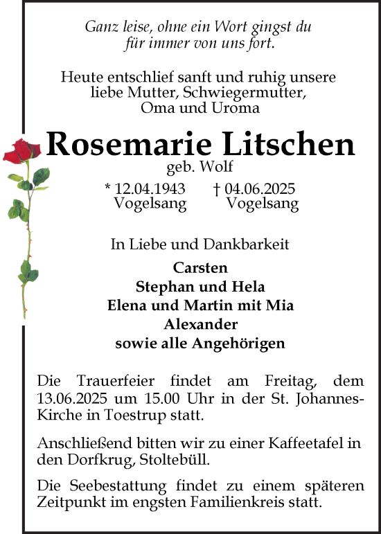 Traueranzeige von Rosemarie Litschen von Schleswiger Nachrichten, Schlei-Bote