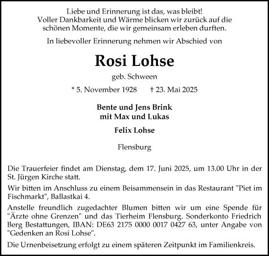 Traueranzeige von Rosi Lohse von Flensburger Tageblatt