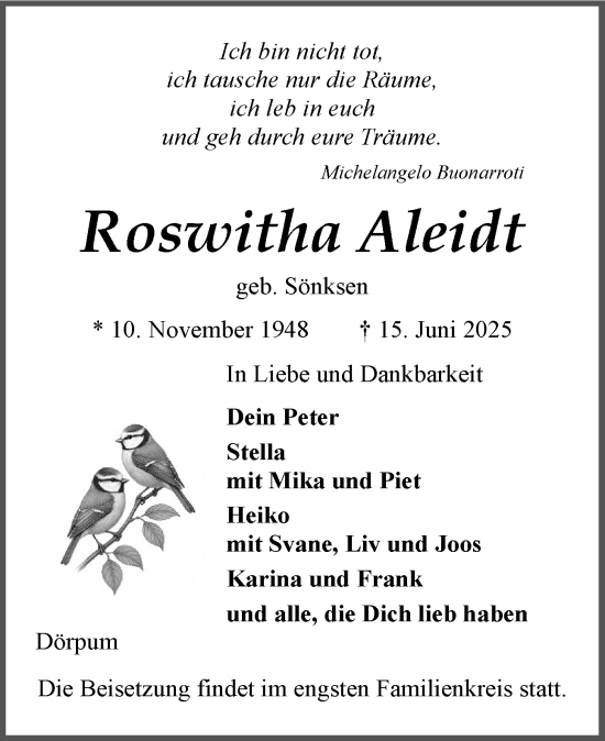 Traueranzeige von Roswitha Aleidt von Husumer Nachrichten, Nordfriesland Tageblatt