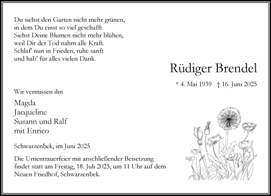 Traueranzeige von Rüdiger Brendel von Wochenend Anzeiger