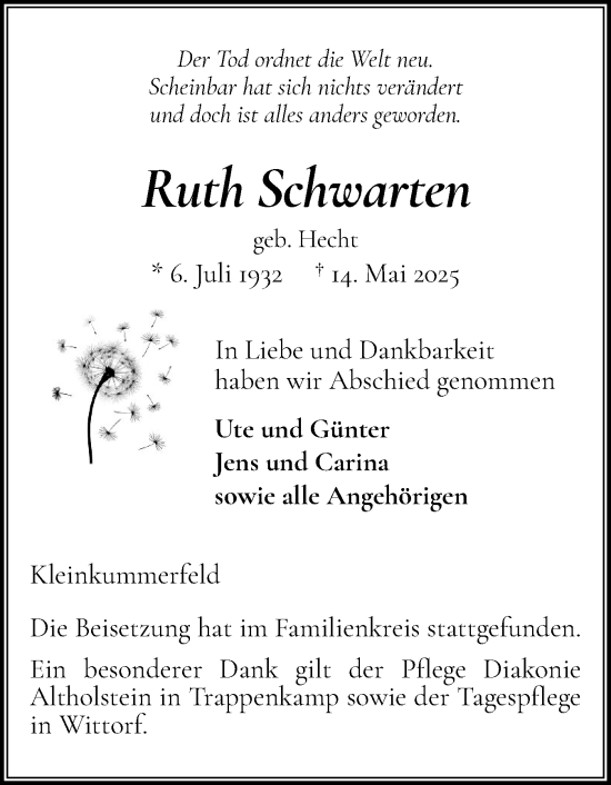 Traueranzeige von Ruth Schwarten von Holsteinischer Courier