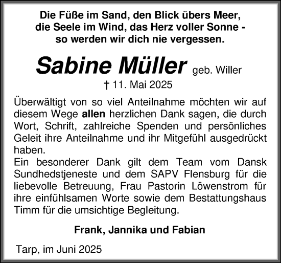 Traueranzeige von Sabine Müller von Flensburger Tageblatt