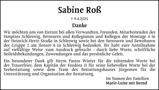 Traueranzeige von Sabine Roß von Schleswiger Nachrichten, Schlei-Bote