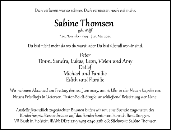 Traueranzeige von Sabine Thomsen von Uetersener Nachrichten, Der tip am Wochenende