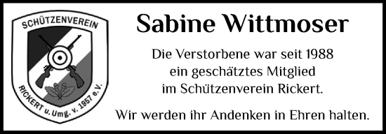 Traueranzeige von Sabine Wittmoser von Schleswig-Holsteinische Landeszeitung