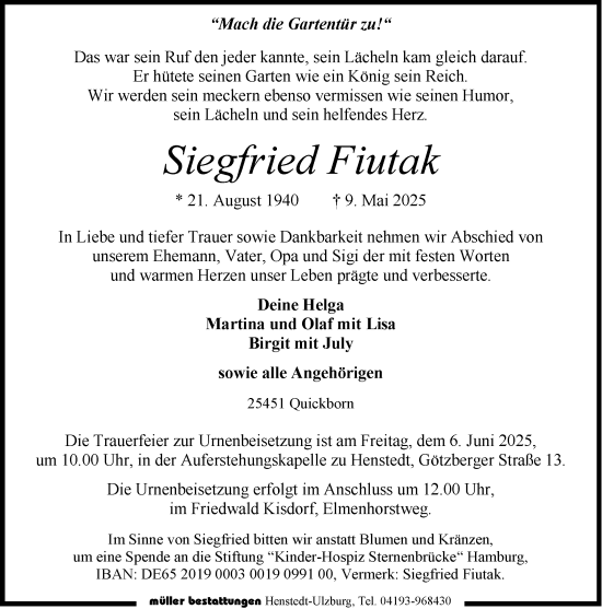 Traueranzeige von Siegfried Fiutak von Umschau