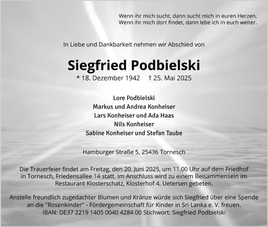 Traueranzeige von Siegfried Podbielski von Uetersener Nachrichten, Der tip am Wochenende