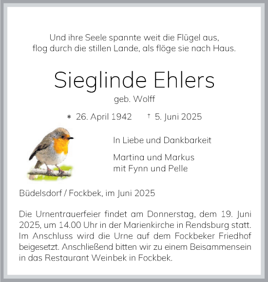 Traueranzeige von Sieglinde Ehlers von Schleswig-Holsteinische Landeszeitung