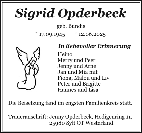 Traueranzeige von Sigrid Opderbeck von Sylter Rundschau