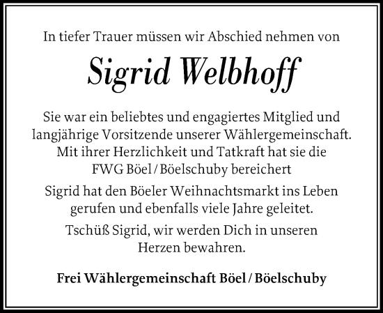 Traueranzeige von Sigrid Welbhoff von Schleswiger Nachrichten, Schlei-Bote