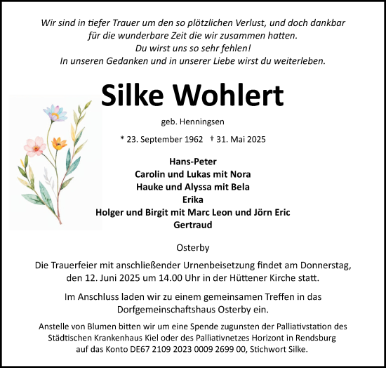 Traueranzeige von Silke Wohlert von Eckernförder Zeitung, Hallo Eckernförde
