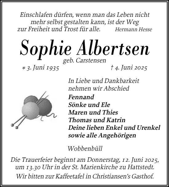 Traueranzeige von Sophie Albertsen von Husumer Nachrichten, Nordfriesland Tageblatt