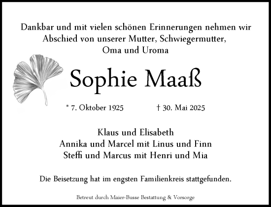 Traueranzeige von Sophie Maaß von MARKT Glinde/Reinfeld