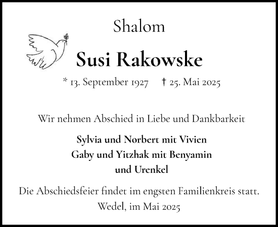 Traueranzeige von Susi Rakowske von Wedel-Schulauer Tageblatt, tip Wedel-Schulauer Tageblatt, tip Rissener Rundschau