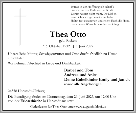 Traueranzeige von Thea Otto von Umschau