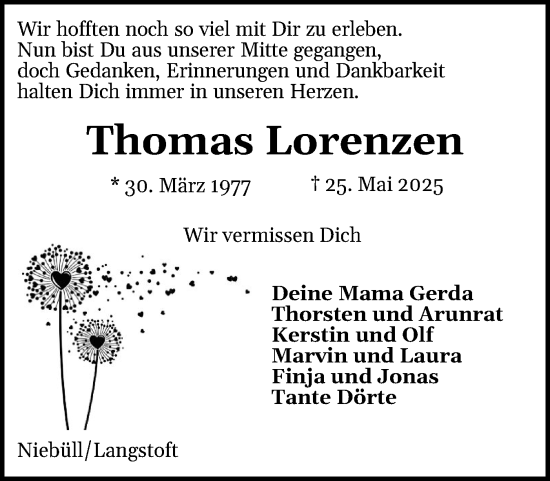 Traueranzeige von Thomas Lorenzen von Husumer Nachrichten, Nordfriesland Tageblatt