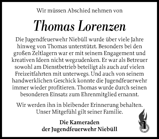 Traueranzeige von Thomas Lorenzen von Husumer Nachrichten, Nordfriesland Tageblatt
