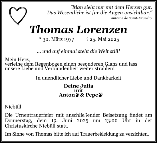 Traueranzeige von Thomas Lorenzen von Husumer Nachrichten, Nordfriesland Tageblatt