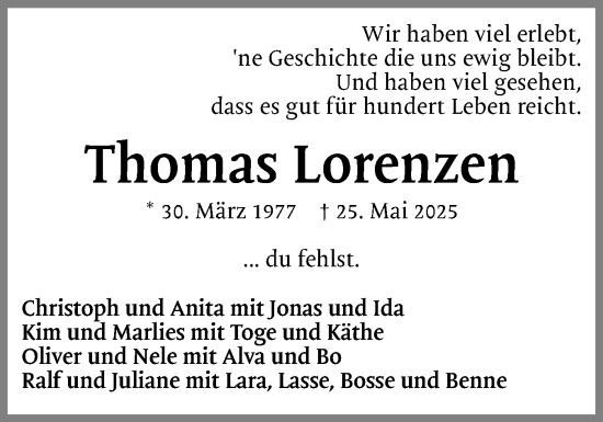 Traueranzeige von Thomas Lorenzen von Husumer Nachrichten, Nordfriesland Tageblatt