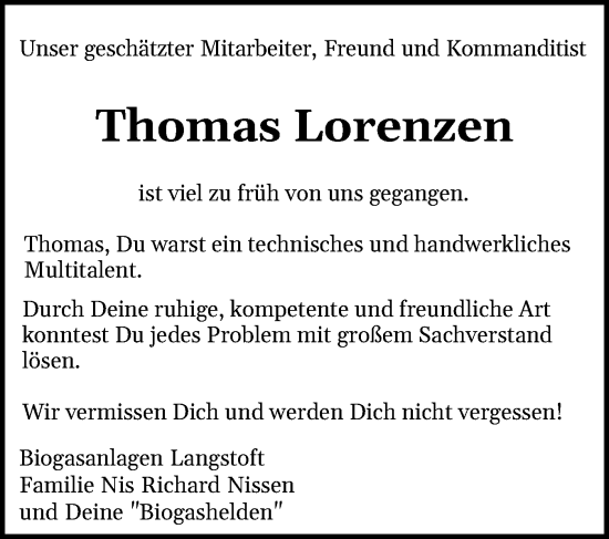 Traueranzeige von Thomas Lorenzen von Husumer Nachrichten, Nordfriesland Tageblatt